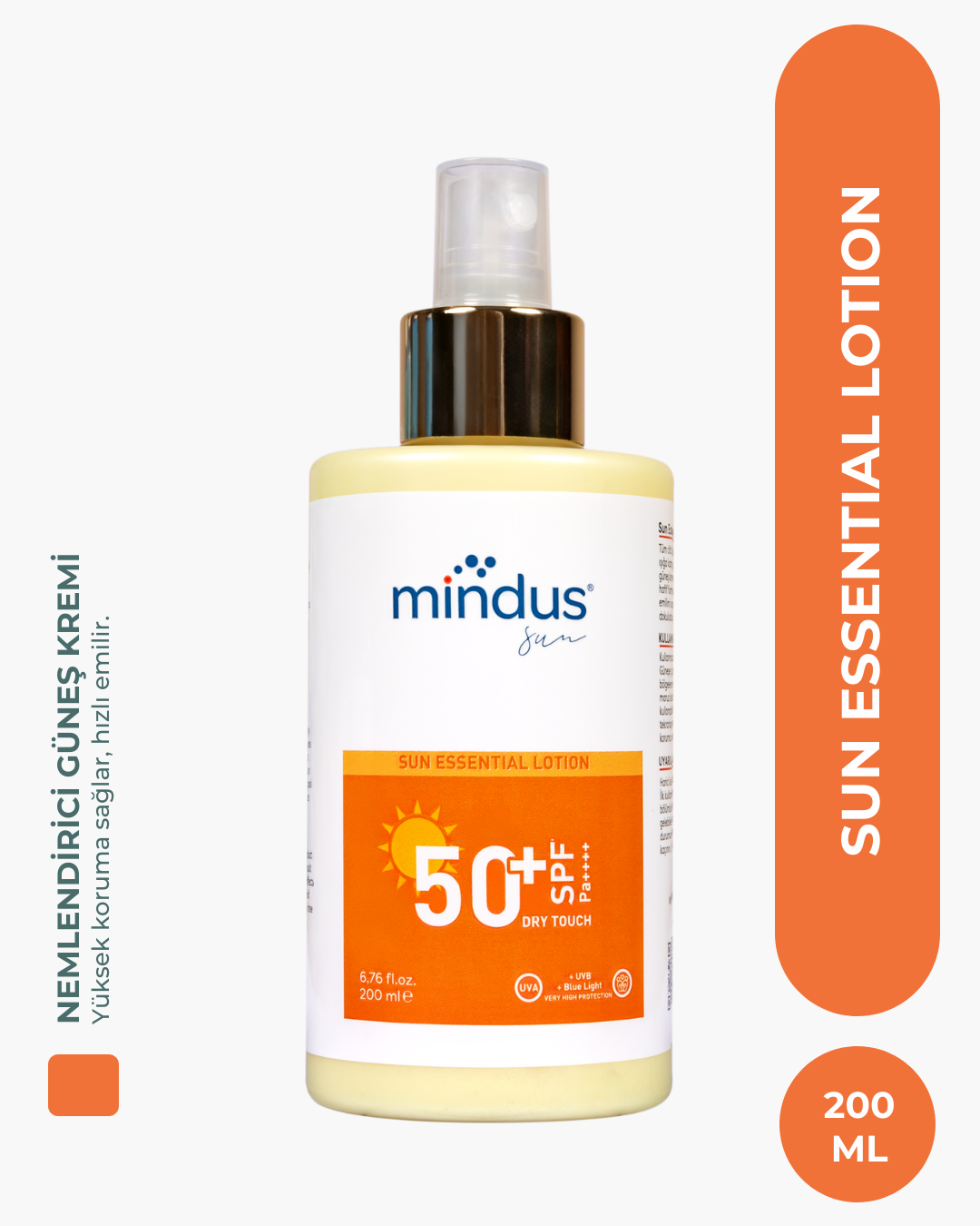 mindus Sun Essential Yüksek Korumalı +UVA +UVB +Blue Light Güneş Losyonu 50+ SPF 200ml